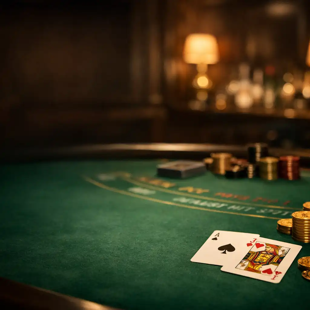 Table de blackjack élégante dans un salon feutré aux tons chauds