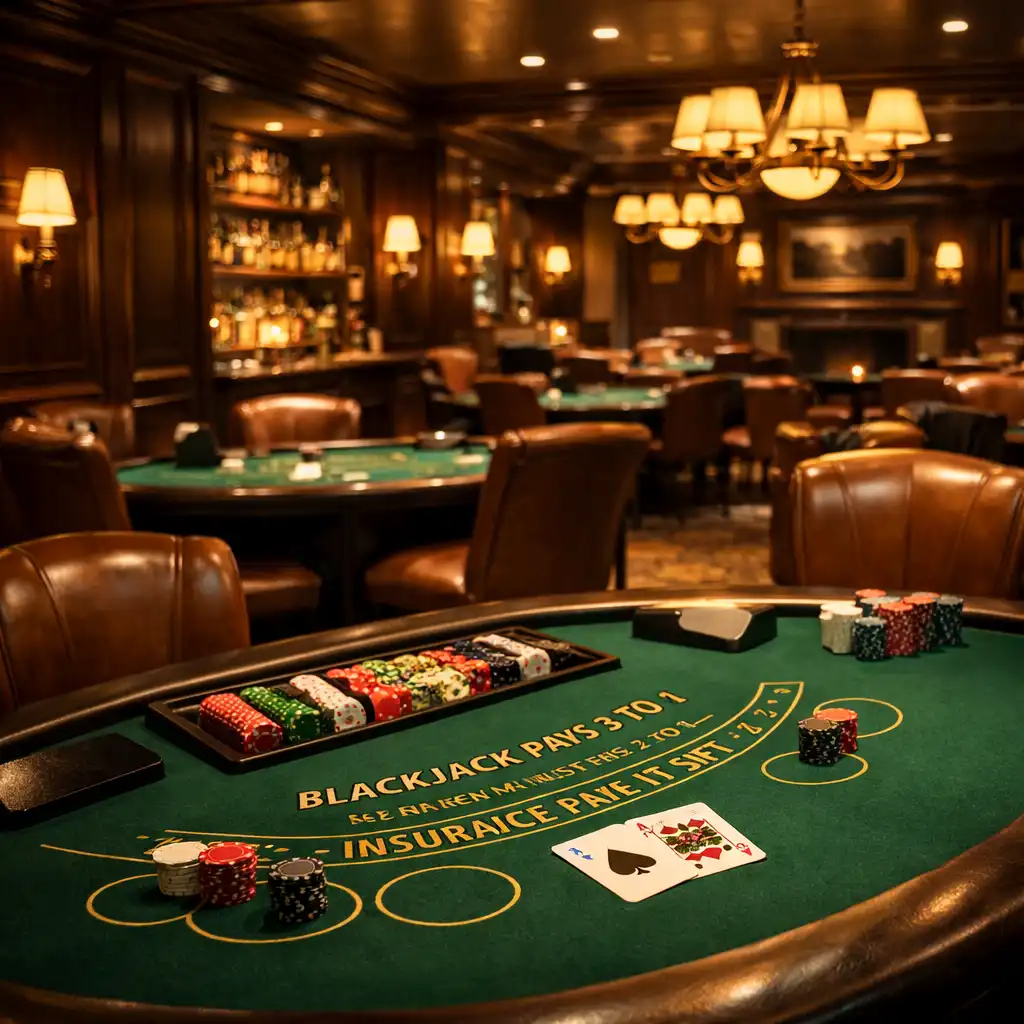 Vue du salon de blackjack avec tables en feutre vert, sièges en cuir et luminaires en laiton