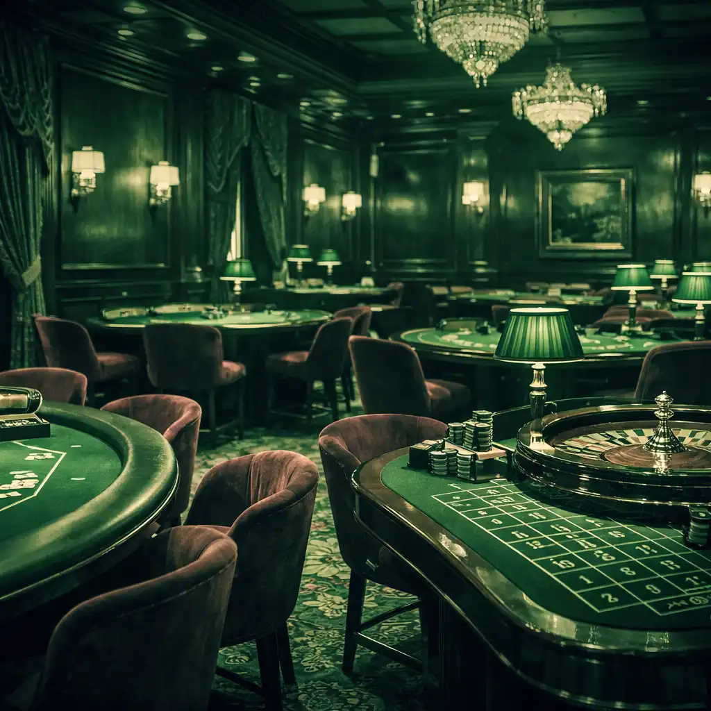 Salon de casino élégant avec tables de poker et roulette, éclairage tamisé et fauteuils en velours bordeaux