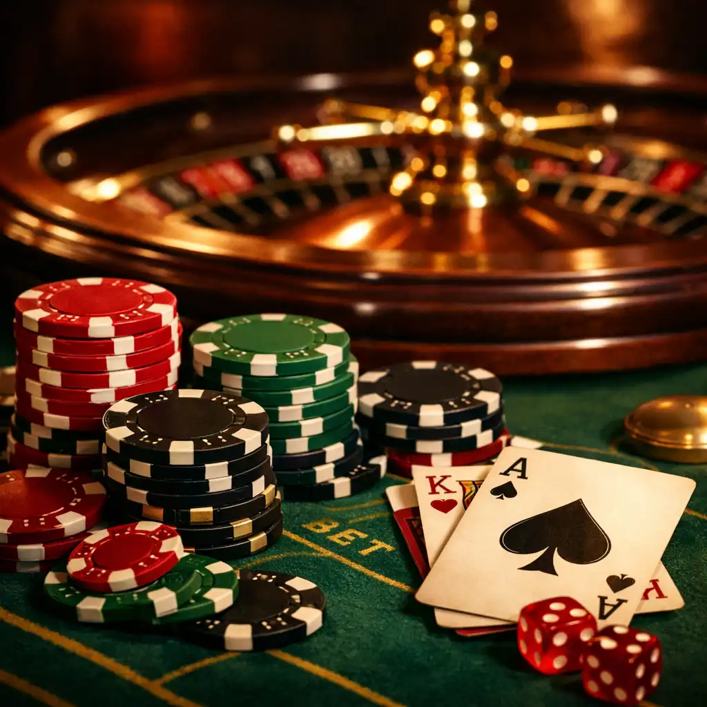 Table de casino avec tapis vert, jetons de poker et cartes sous un éclairage dramatique