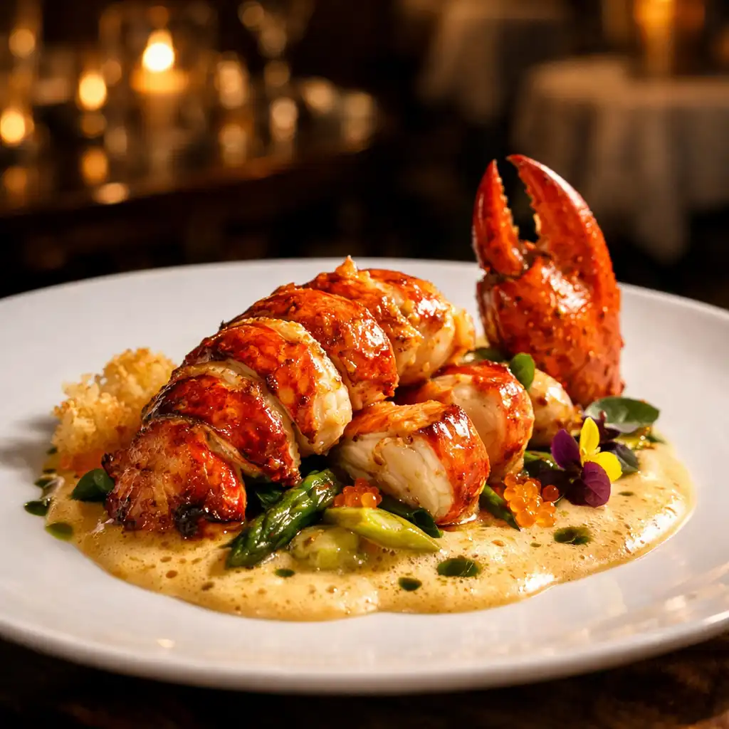 Gros plan d'un plat signature raffiné, homard rôti avec sauce émulsionnée sur assiette en porcelaine blanche