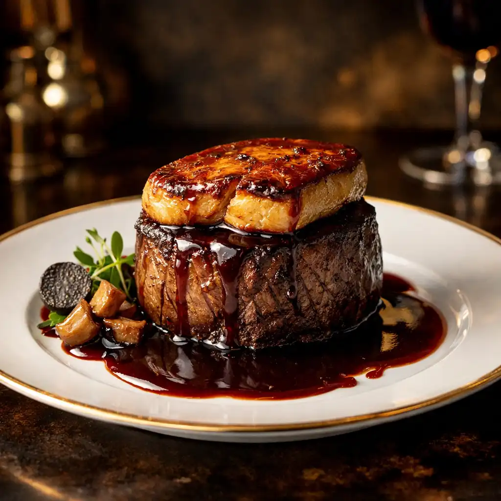 Plat signature du chef présenté de manière éditoriale, filet de bœuf Rossini avec foie gras et sauce au vin rouge