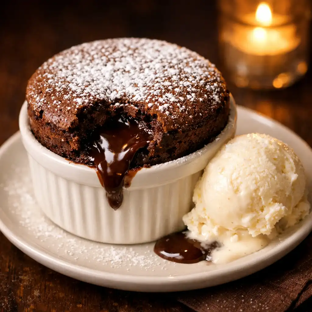 Soufflé au chocolat noir, dessert signature du Chef Antoine Mercier