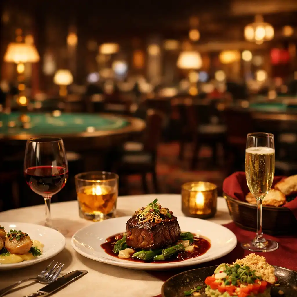 Table de restaurant élégante avec plats gastronomiques et ambiance de casino feutrée