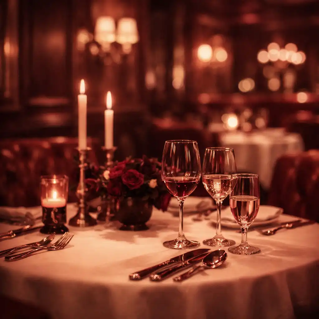 Table élégamment dressée dans le restaurant Plaisir Sdelas Siette, éclairage chaleureux et tamisé