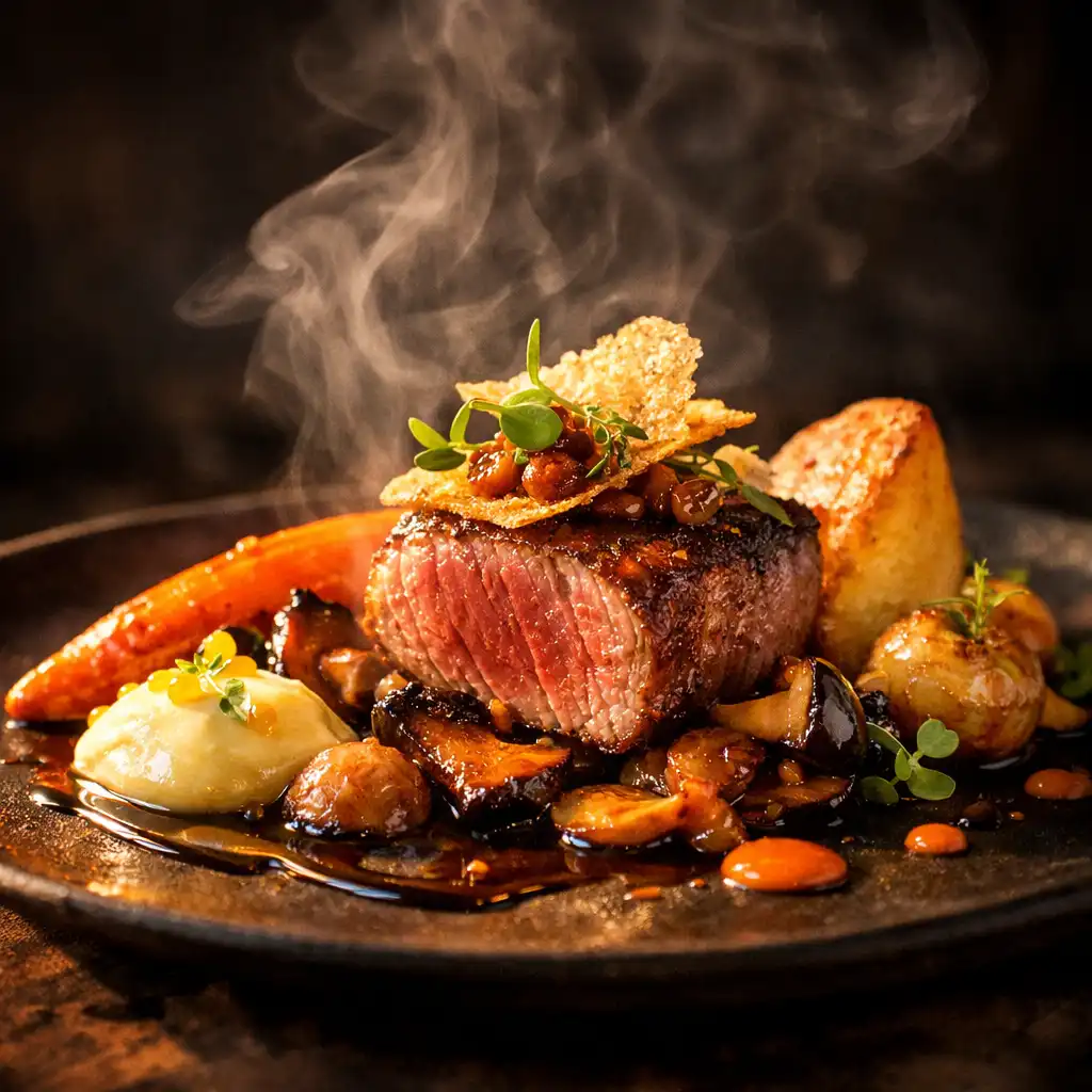 Plat gastronomique français raffiné avec présentation artistique