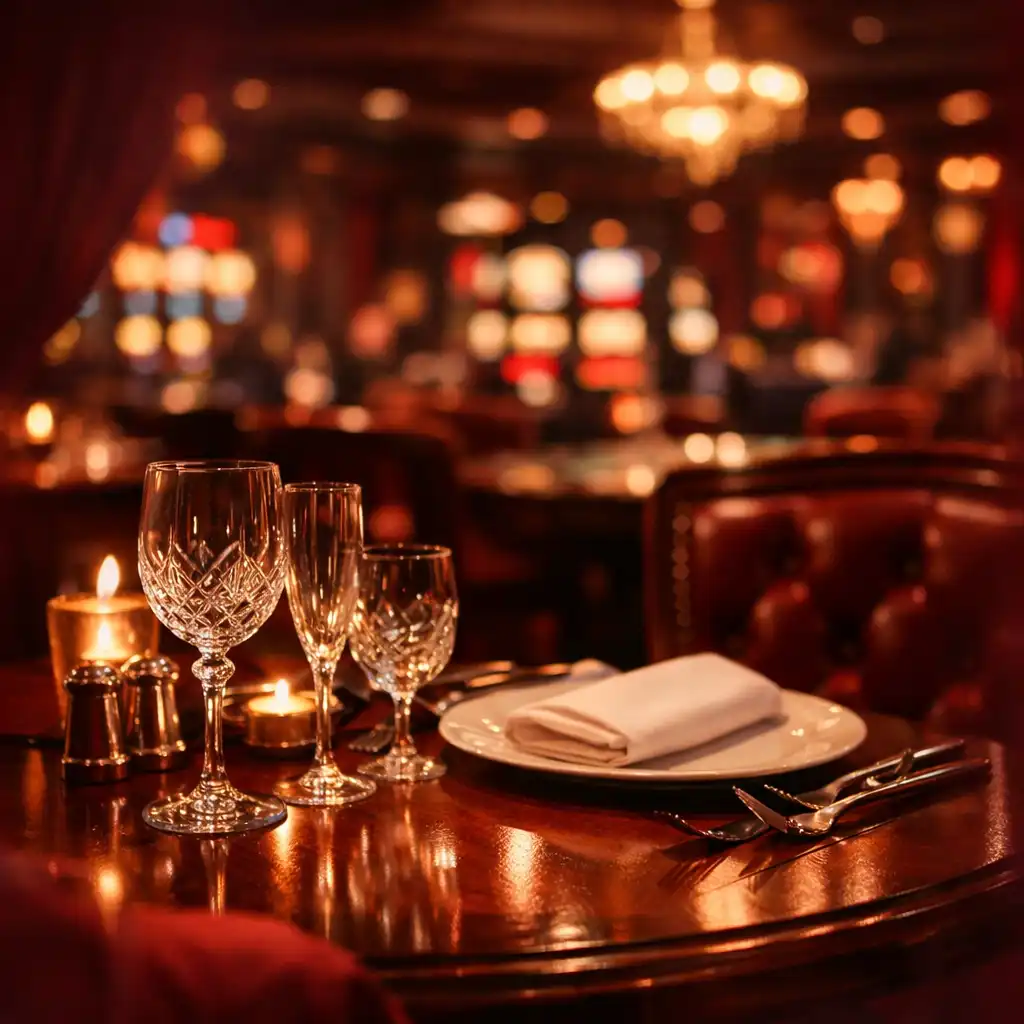 Table de restaurant élégante dressée avec des couverts en argent, des verres en cristal et un éclairage chaleureux aux tons bordeaux et noyer