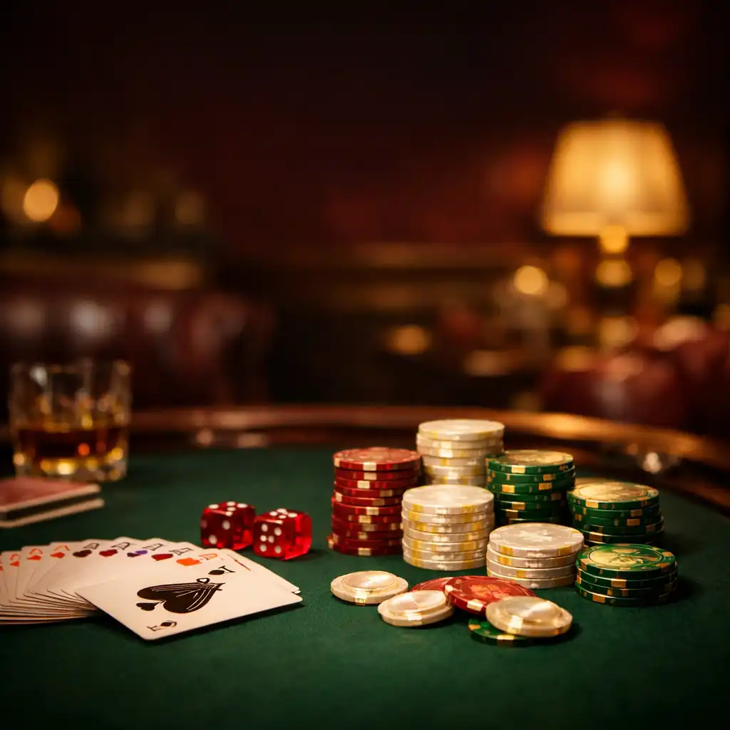 Table de poker élégante dans un salon feutré avec éclairage chaud, jetons et cartes