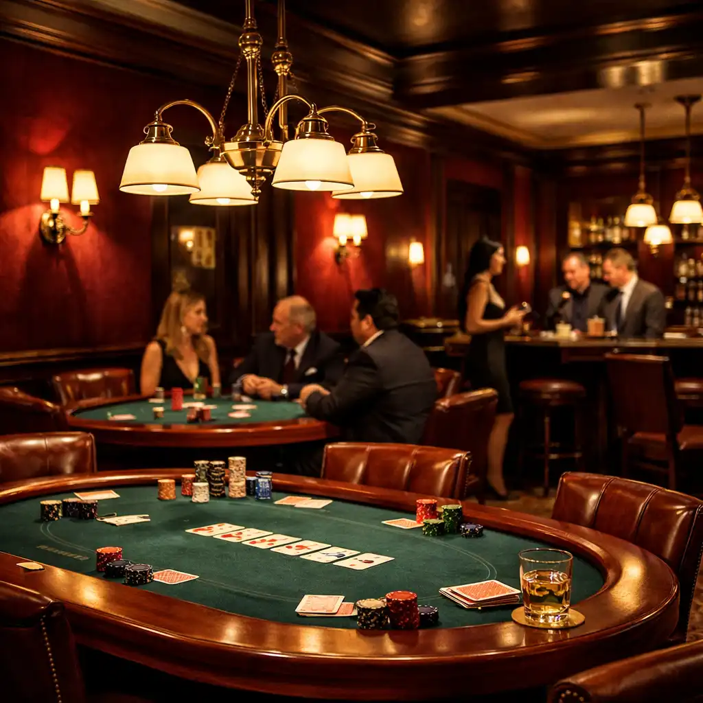 Salon de cartes privé avec murs en velours bordeaux, tables en acajou et luminaires en laiton