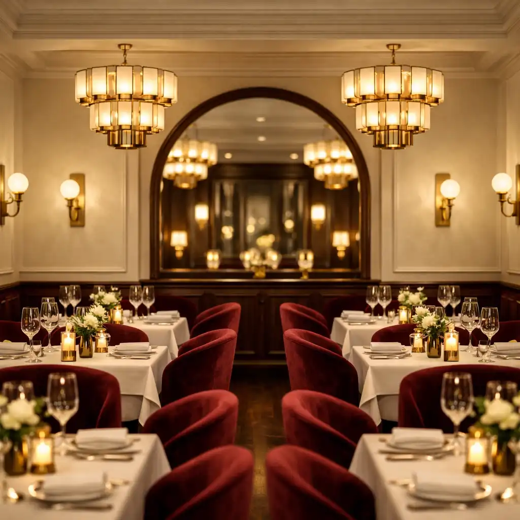 Salle de restaurant élégante avec tables dressées et chaises en velours bordeaux