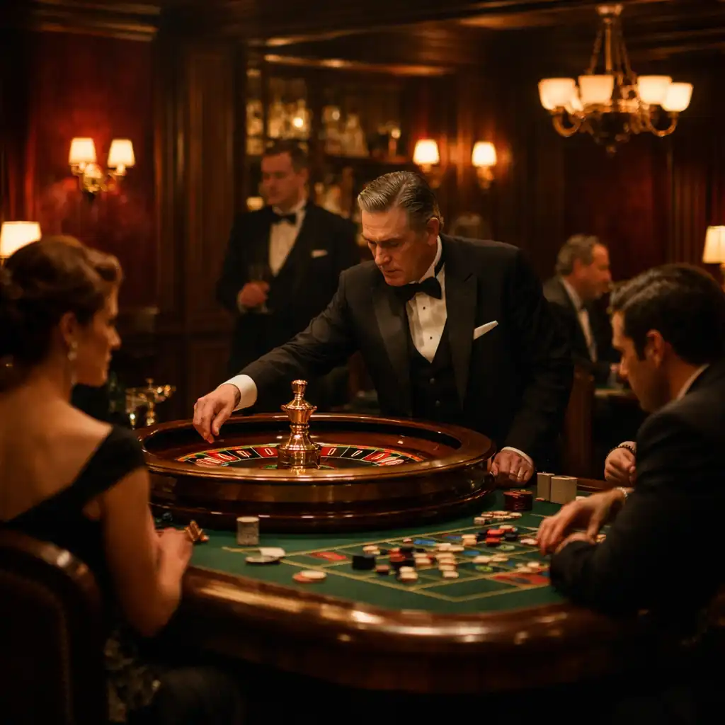 Vue d'ensemble du salon de roulette avec murs en velours bordeaux, boiseries en noyer et table centrale