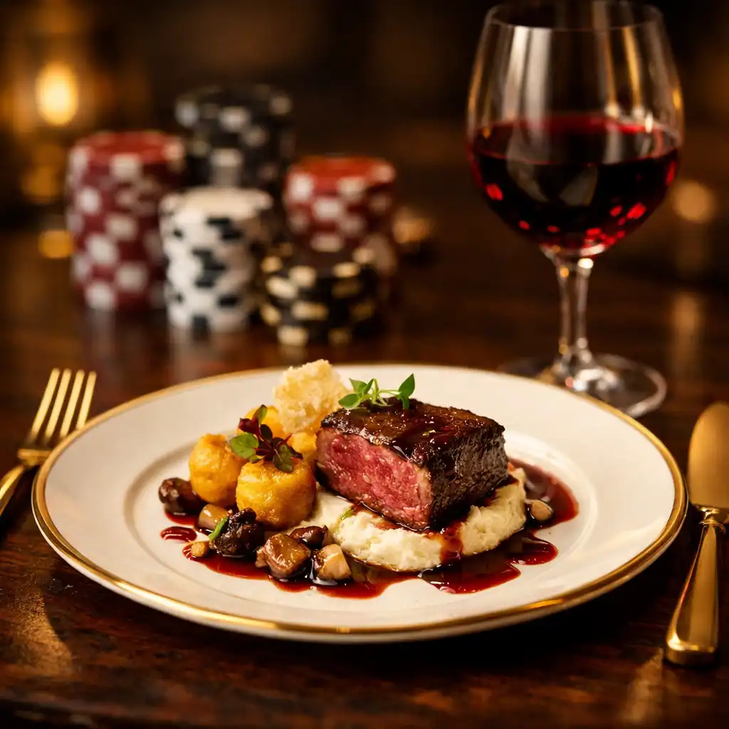 Plat gastronomique français élégant sur table en bois sombre avec verre de vin rouge et jetons en arrière-plan flou