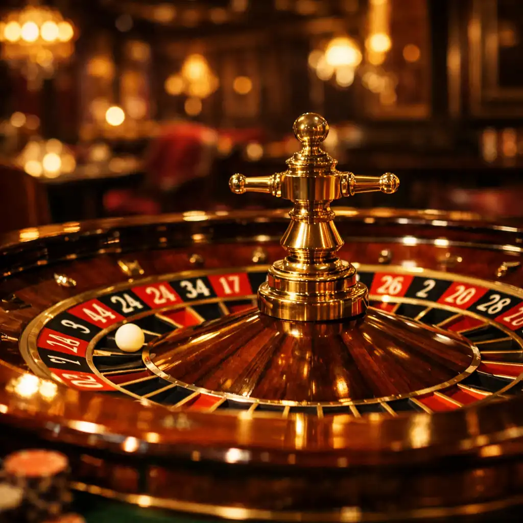 Table de roulette de luxe avec roue en acajou et laiton, bille ivoire posée sur un numéro, ambiance feutrée