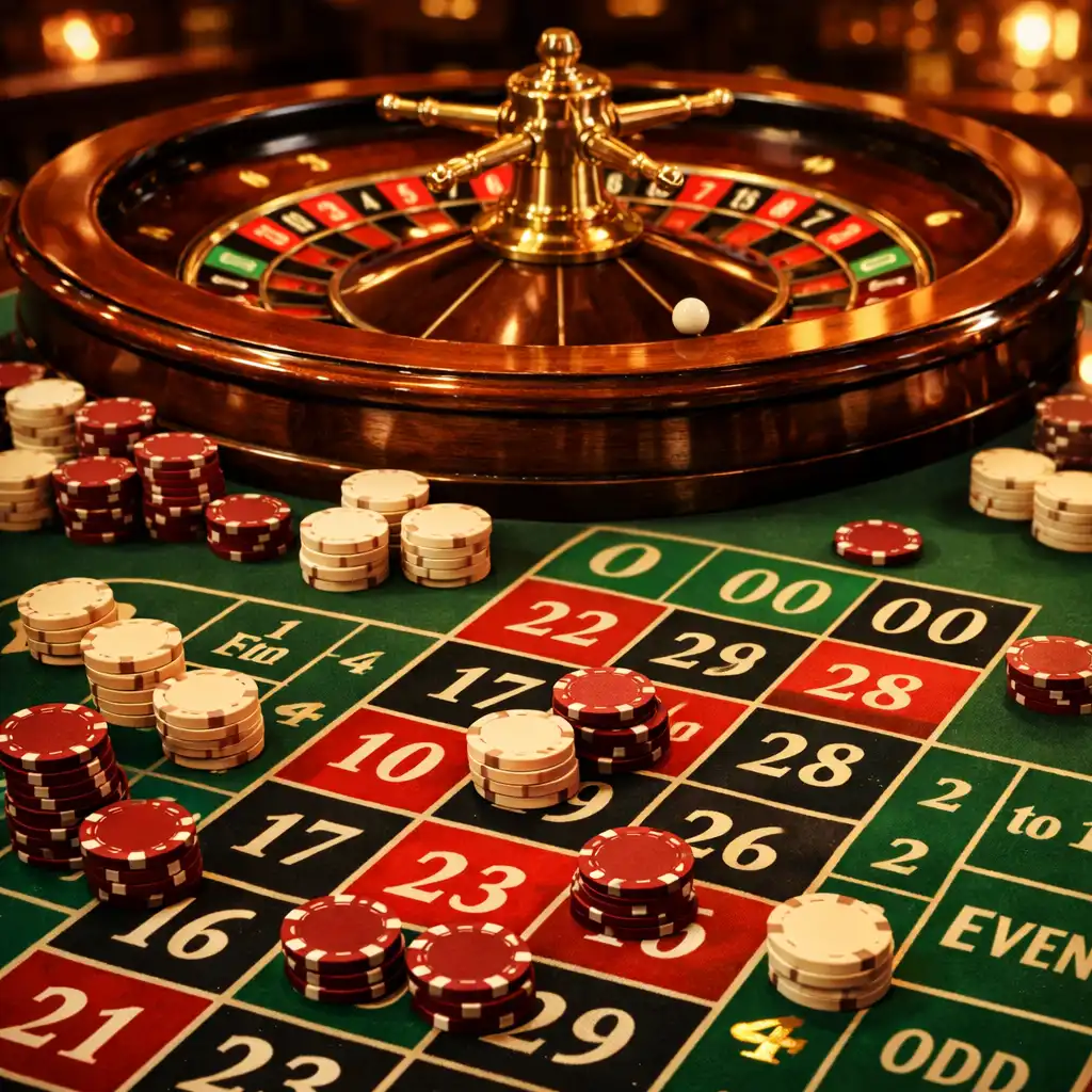 Table de roulette américaine avec double zéro, cylindre en bois sombre et jetons bordeaux