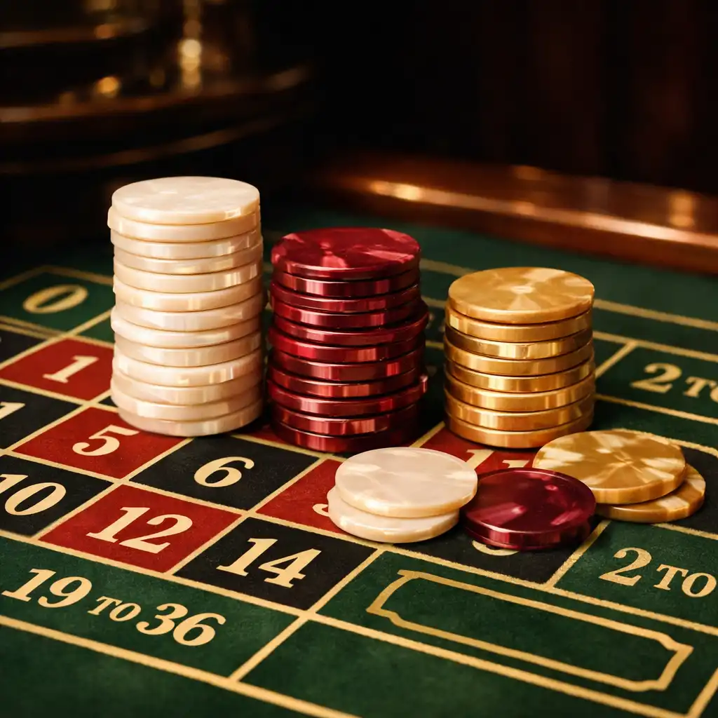 Table de roulette européenne vue de dessus avec tapis vert et jetons en nacre