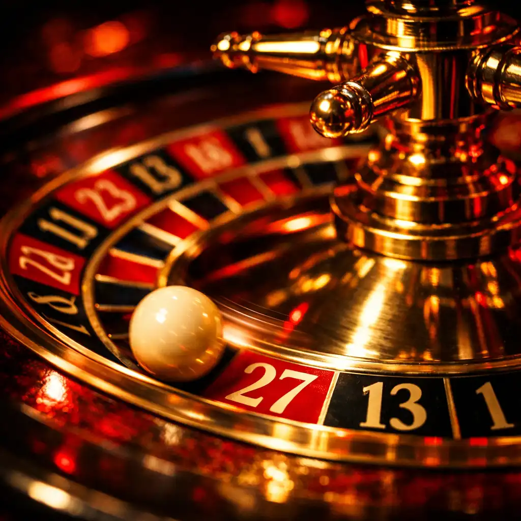 Détail d'une roulette de casino avec bille en mouvement, éclairage dramatique