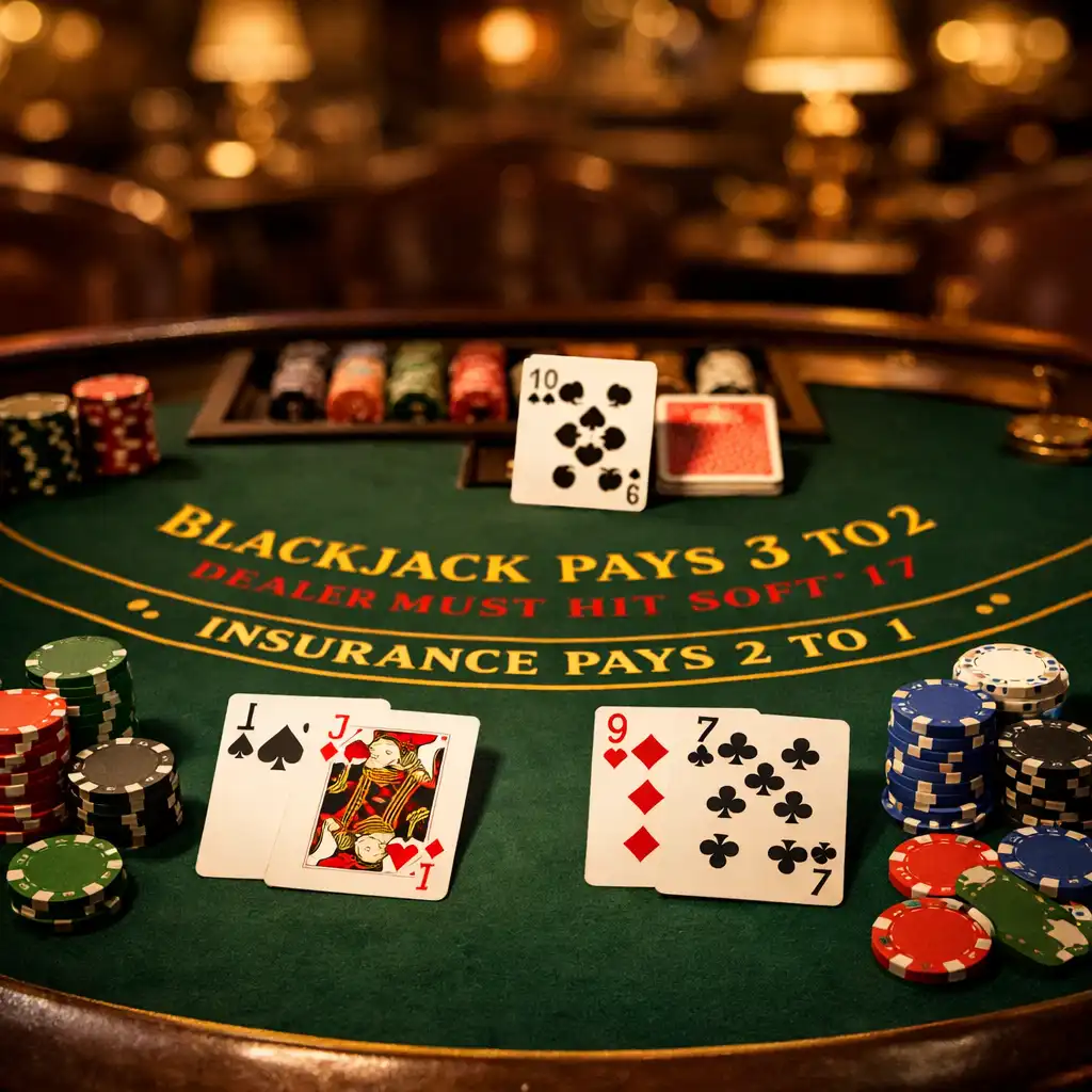 Table de blackjack avec cartes et jetons, éclairage chaud