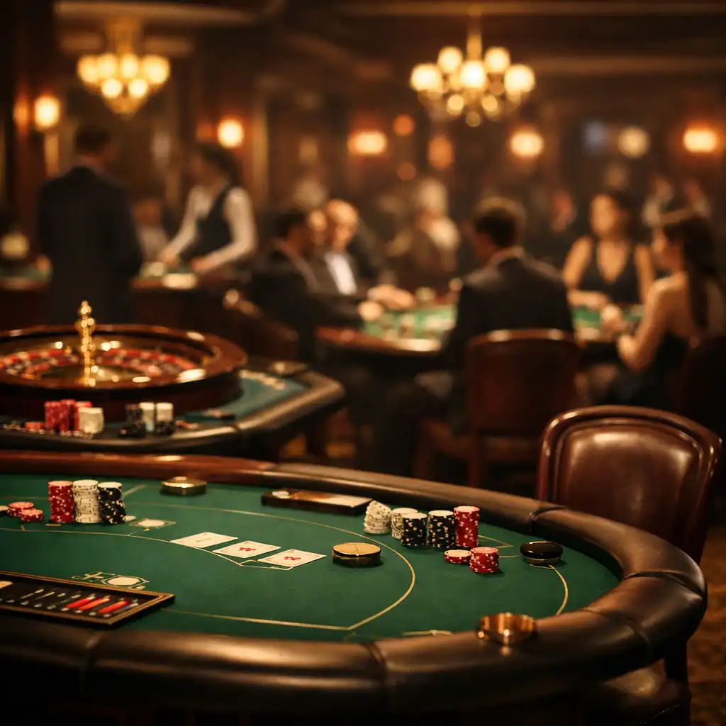 Vue d'ensemble du salon avec plusieurs tables de jeu, lumière tamisée