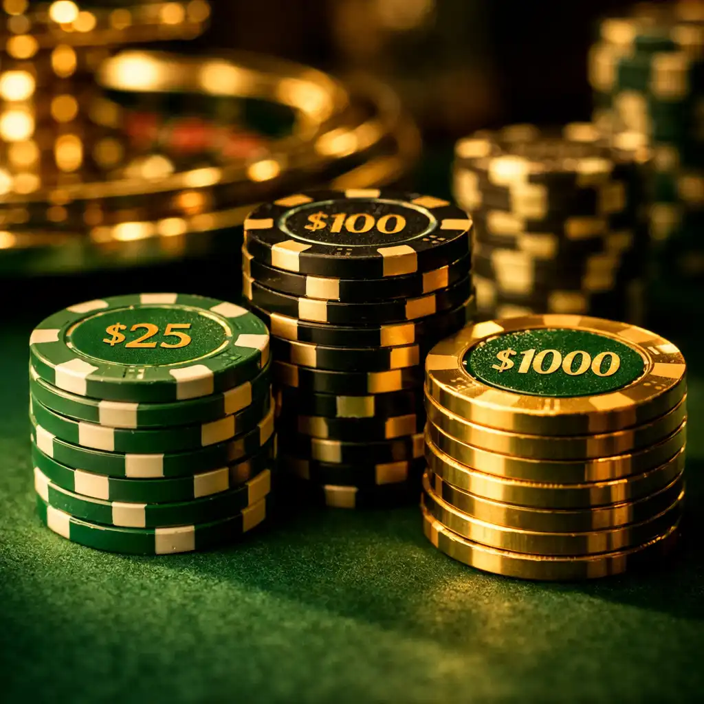 Gros plan sur des jetons de casino empilés sur une table en feutrine verte, éclairage doré