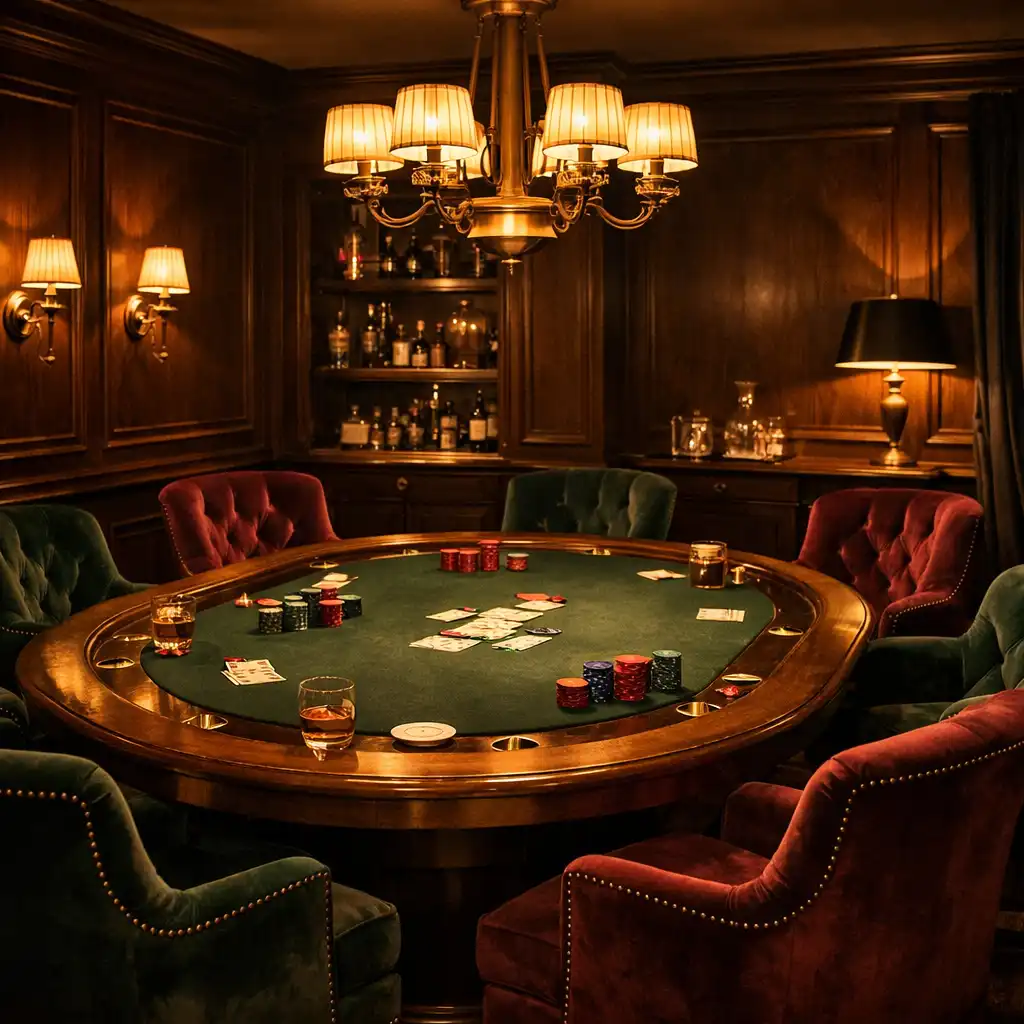 Vue d'un salon privé avec table de poker et fauteuils en velours, lumière tamisée